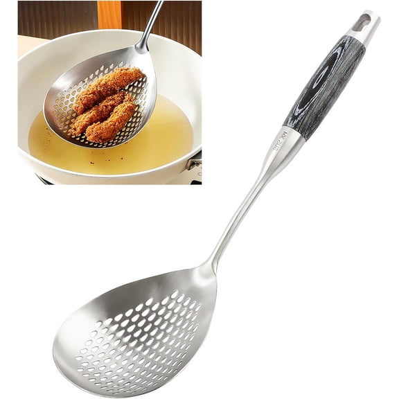 ABCISI Skimmer Slotted Spoon with Heat Resistant Black Wooden Handle, 304 Stainless Steel Spider Strainer Skimmer Ladle Spoon for Cooking and Frying, Pasta, Spaghetti, 4.3 inch, Dishwasher Safe