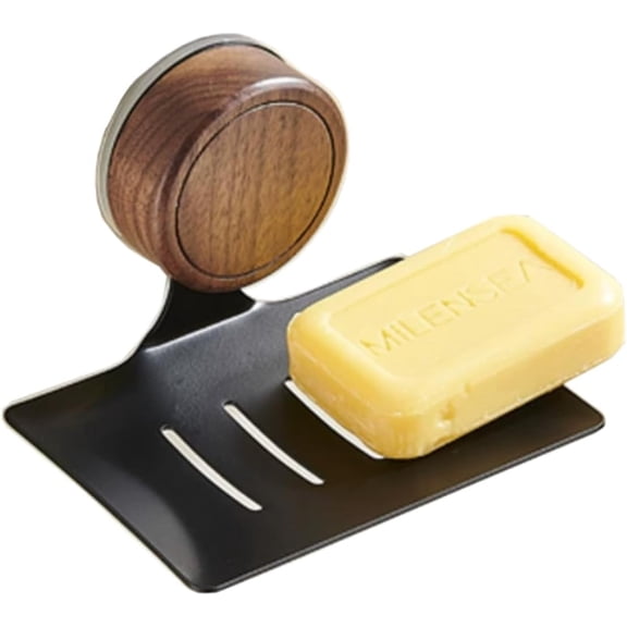 ABCISI Soap Dish, Walnut and Stainless Steel, Soap Bar Holder for Shower Suction Cup Wall Mounted, No-Drilling Waterproof Sponge Holder for Bathroom Bathtub Kitchen Sink, Keep Dry (Black)