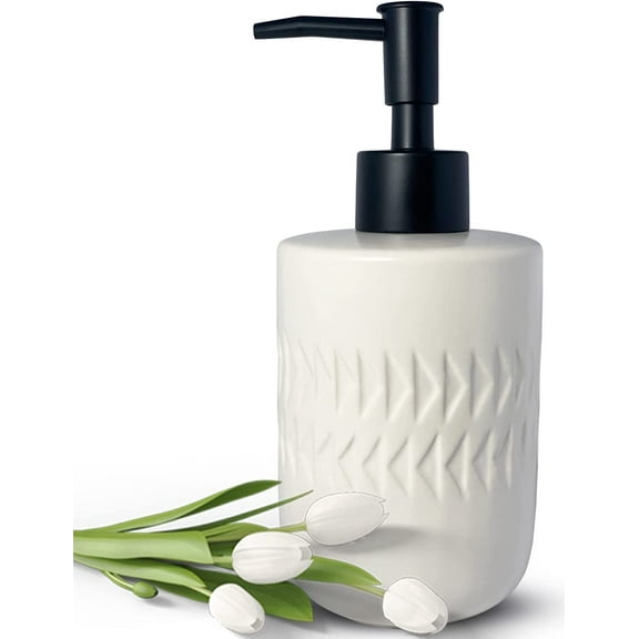 ABCISI Soap Dispenser, Cylindrical Lotion Dispenser with Matte Black Pump, 12oz Ceramic Relief Hand Dish Soap Dispenser, Refillable Liquid Dispenser for Kitchen Bathroom (Relief White)