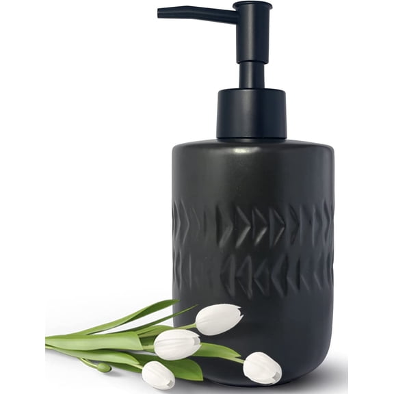 ABCISI Soap Dispenser, Cylindrical Lotion Dispenser with Matte Black Pump, 12oz Ceramic Relief Hand Dish Soap Dispenser, Refillable Liquid Dispenser for Kitchen Bathroom (Relief Black)
