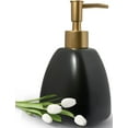 thumbnail image 1 of ABCISI Soap Dispenser, Liquid Soap Dispenser with Gold Pump for Kitchen Bathroom, Refillable Countertop Lotion Ceramics White Hand Soap Dispenser for Shower 430ml(Pyramid Matt Black Bottle), 1 of 12