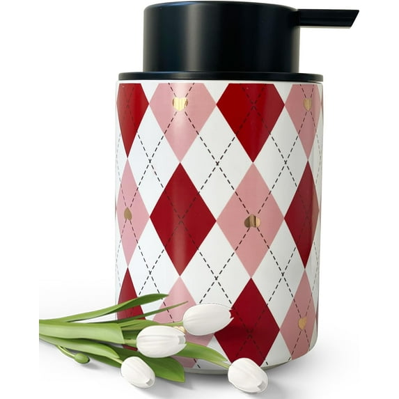 ABCISI Soap Dispenser, Modern Ceramic Soap Dispenser with Fashionable appearance design for Kitchen Bathroom Decor, 12ounce Refillable Liquid Dispenser for Kitchen (Pink Rhombus Pattern)