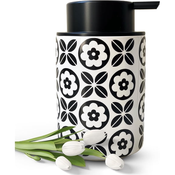 ABCISI Soap Dispenser, Modern Ceramic Soap Dispenser with Fashionable appearance design for Kitchen Bathroom Decor, 12ounce Refillable Liquid Dispenser for Kitchen (Black Flower)