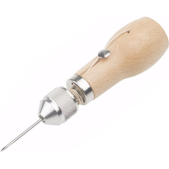 ABCISI Speedy Stitcher Punch, Leather Sewing Awl Kit with 2 Needles for DIY Leathercraft, Bags, Shoes, Belts - Stitcher Needles Kit with Ergonomic Wooden Handle, No Thread