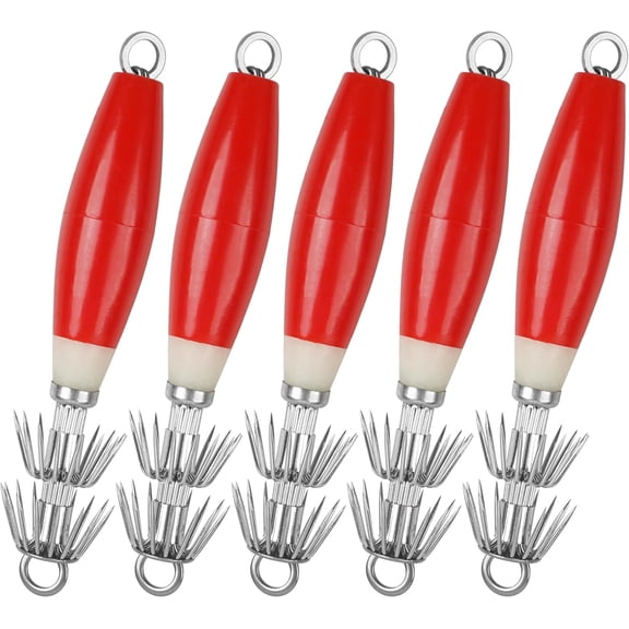 ABCISI Squid Jigs, Saltwater Fishing Lures, Glow Squid Jig Hooks Luminous Cuttlefish Sleeve Octopus Jig Baits, Night Fishing Octopus Lures Set with Tackle Box ( Red-5pcs)