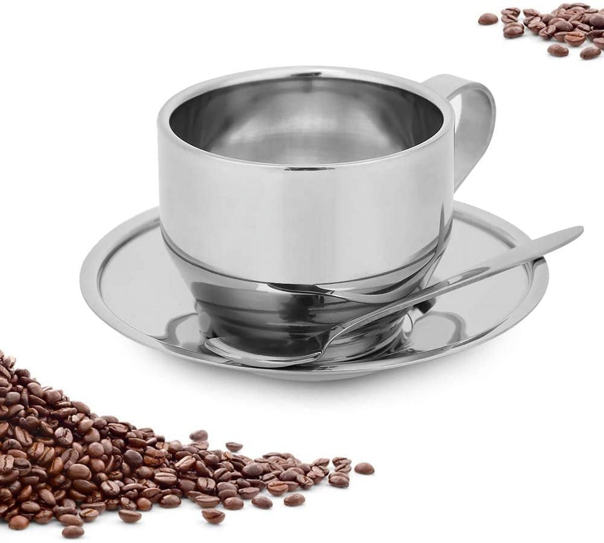 ABCISI Stainless Steel Coffee Cup Set, 6oz/180ml Coffee Mug with Saucer and Spoon, Double Walled Insulated Espresso Cups for Milk Tea Cappuccino Latte, Dishwasher Safe, Silver