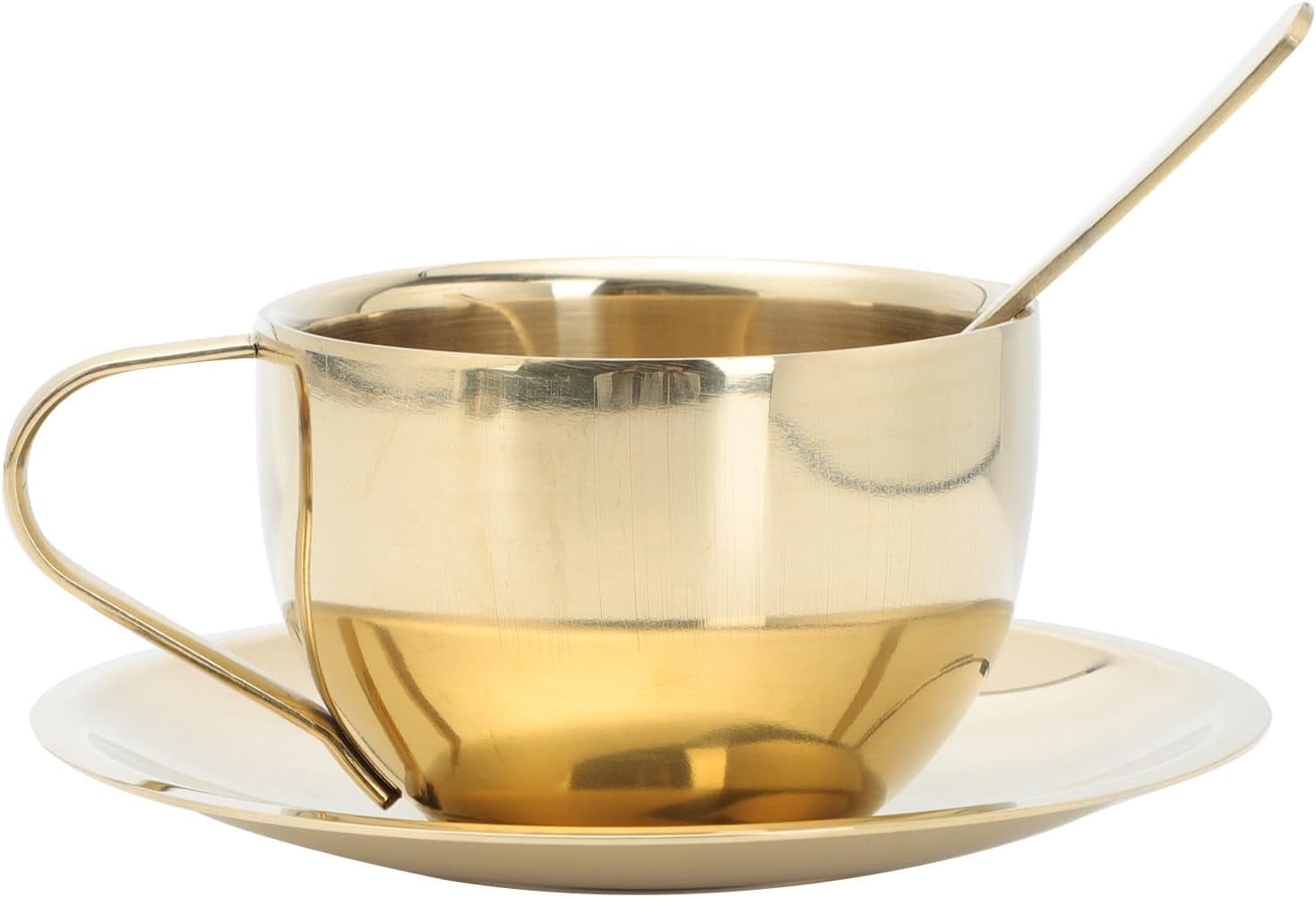 ABCISI Stainless Steel Coffee Cup Set with Saucers and Spoons, 7Oz Double Wall Espresso Mugs for Tea Latte and Cappuccino Enjoyment for Home Coffee Shop and Office, Gold