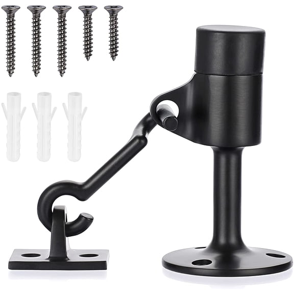 ABCISI Stainless Steel Door Stopper with Hook, Heavy Duty Door Holder Stop with Sound Dampening Rubber Bumper for Home Office, Wall Mounted Door Floor Stop Holder with Screws, Black