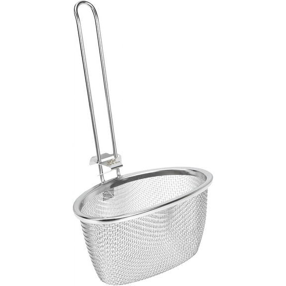 ABCISI Stainless Steel Fine Mesh Spider Strainer Mesh Pasta Basket Flat Cylinder Wok Colander Fry Basket for Pasta Noodles Dumpling Ramen Rinsing Boiling 24.5x14cm