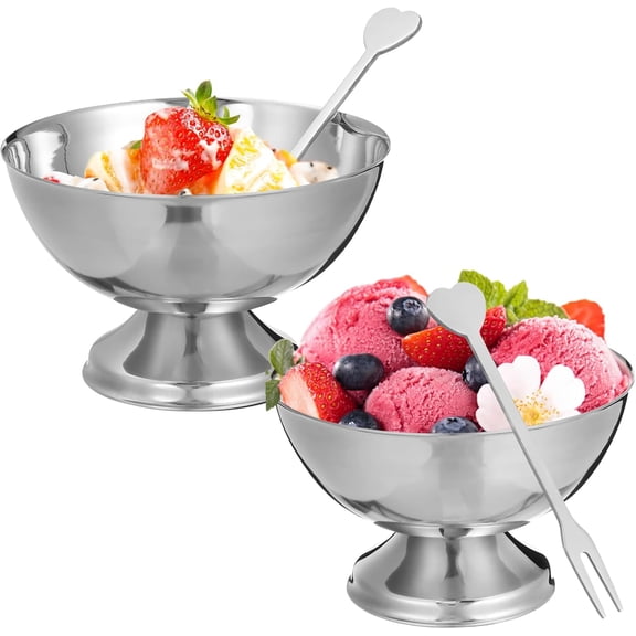 ABCISI Stainless Steel Ice Cream Bowl Set of 2, Metal Footed Dessert Dishes for Sundae Fruit Salad Pudding Snack, Polished Serving Container for Party Home Restaurant, 3.93X3.93X5.11Inch