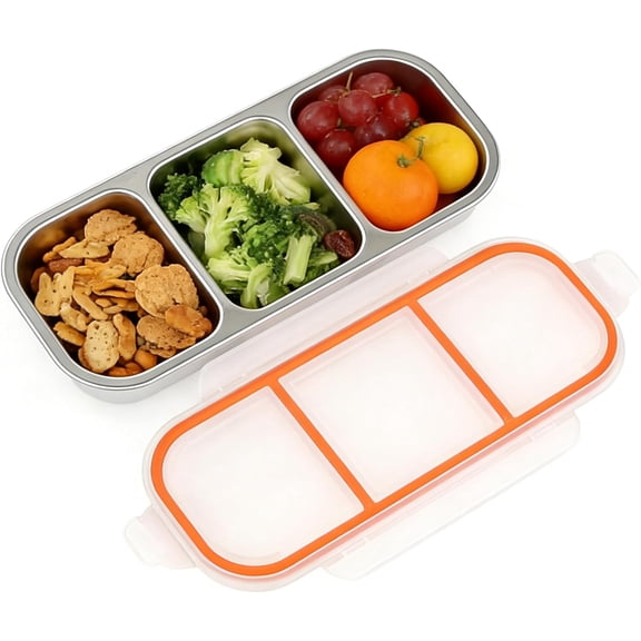 ABCISI Stainless Steel Snack Container Snack Box - 3 Independent Sealed Compartments Leak-Proof Bento Box, Reusable Stackable Food Storage with Secure Lids for Adults Work Travel Home (1 pack)