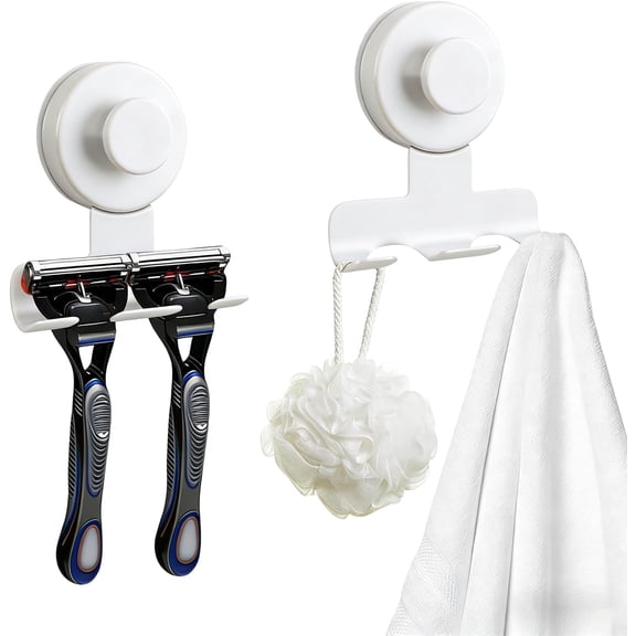 ABCISI Suction Cup Razor Holder, 2pcs Stainless Steel Wall Mount Suction Hooks for Bathroom Shower Kitchen Wall, Removable Damage-Free Metal Hook for Towel Loofah Sponges, White