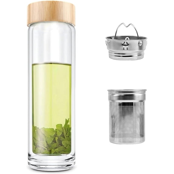ABCISI Tea Bottle with Infuser & Strainer and Bamboo Lid, 14 oz Portable Insulated Glass Tea Bottle for Those Who Like to Drink, Borosilicate Glass, Double Wall, Leak-Proof and Eco-Friendly Tea Mug
