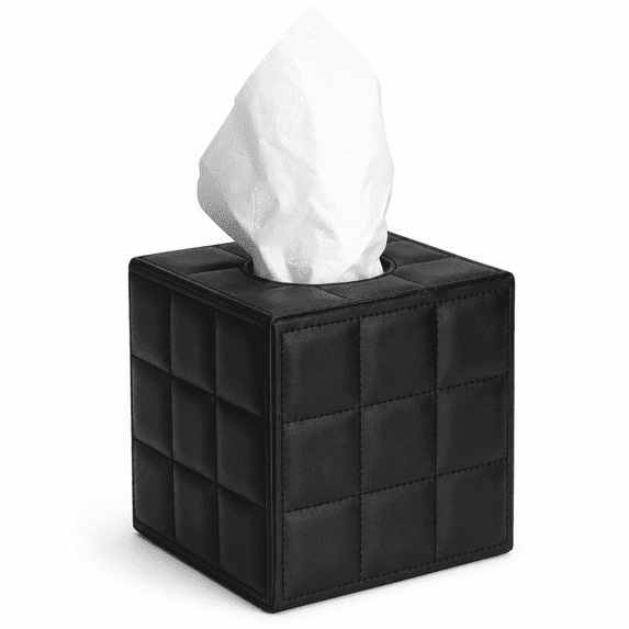 ABCISI Tissue Box Cover, Square Faux Leather Quilted Tissue Holder with Bottom Opening for Standard Cube Tissue Boxes, Bathroom, Bedroom, Office and Vanity, 5.1 Inch, Black