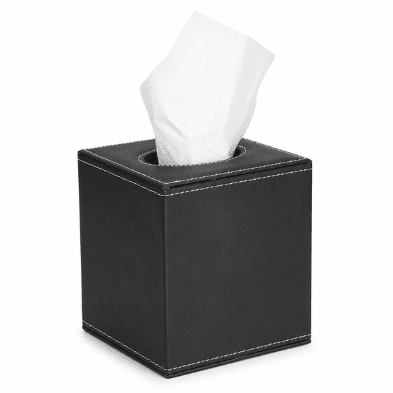 ABCISI Square Tissue Box Cover, Black Faux Leather Tissue Holder with Contrast Stitching, 5.2 x 5.2 x 5.7 Inch Decorative Dispenser for Bathroom, Bedroom, Office and Living Room
