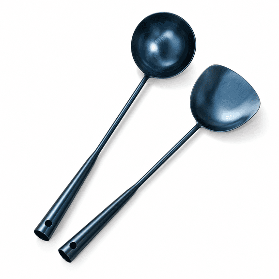 ABCISI Traditional Hand Made spatula & Ladle Wok Tool Set, Chinese Iron Ladle & spatula with Long Handle, 15.8in inches wok utensils, Durable and Heat-Resistant