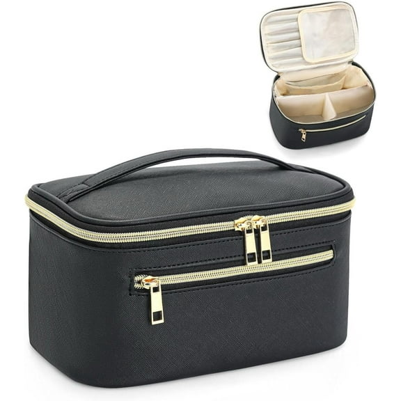 ABCISI Travel Makeup Bag Organizer, Large Capacity Cosmetic Pouch for Women, Waterproof Make Up with Divider, Clamshell Makeup Case with Handle and Metal Zipper, Travel Essentials (Black)