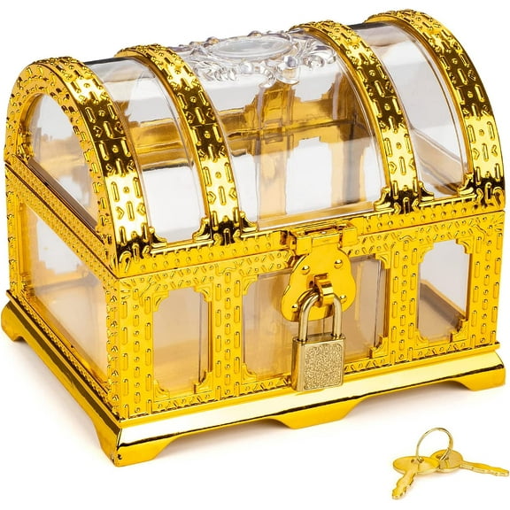 ABCISI Treasure Chest, Decorative Transparent Golden Pirate Chest with Lock and Key, Teacher's Favorite Treasures Collection Storage Box, Treasure Chest Toys for Classroom