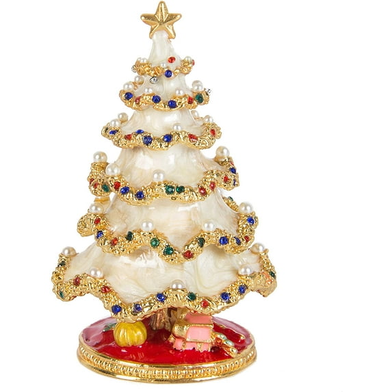 ABCISI Trinket Box, Enameled Christmas Tree Jewelry Box, Hand-Painted Hinged Holiday Trinket Box, Elegant Home Décor & Unique Christmas Gift for Men & Women (White)