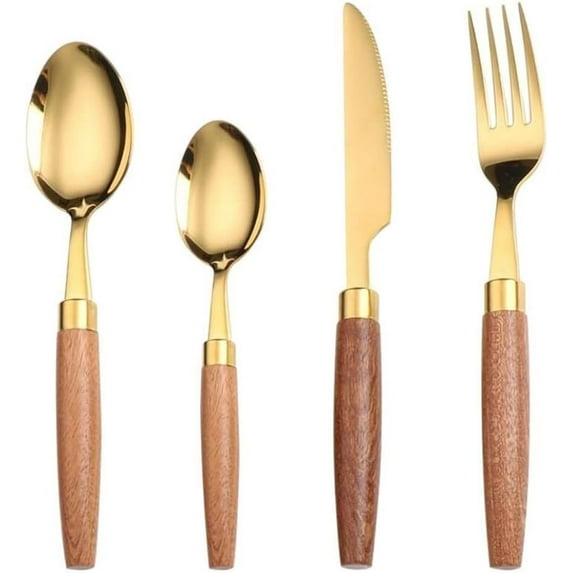 ABCISI Unique Wooden Handle Silverware Set, Kitchen Stainless Steel Flatware, Thick Round Handle Steak Knife Fork Spoon Teaspoon Set Eating Utensils (Gold,4 pieces)