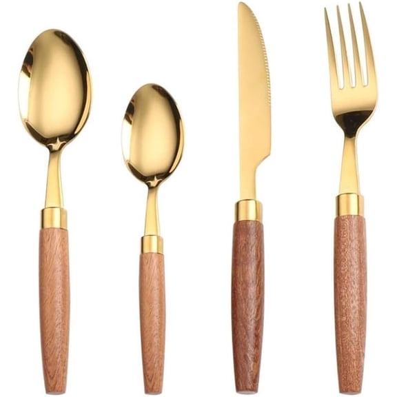 ABCISI Unique Wooden Handle Silverware Set, Kitchen Stainless Steel Flatware, Thick Round Handle Steak Knife Fork Spoon Teaspoon Set Eating Utensils (Gold,4 pieces)