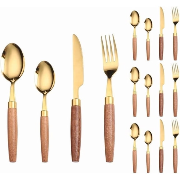 ABCISI Unique Wooden Handle Silverware Sets, Kitchen Stainless Steel Flatware, Thick Round Handle Steak Knife Fork Spoons Teaspoon Sets Eating Utensils (Gold,16 pieces)