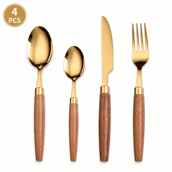 ABCISI Gold Flatware Set, Stainless Steel Silverware with Wooden Handles, 1 Place Settings with Dinner Spoons, Teaspoons, Forks and Knives for Home and Parties, Gold, 4 pieces