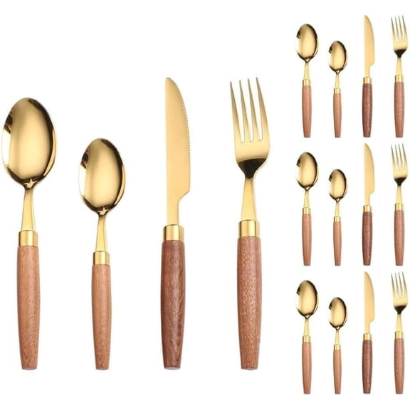 ABCISI Unique Wooden Handle Silverware Sets, Kitchen Stainless Steel Flatware, Thick Round Handle Steak Knife Fork Spoons Teaspoon Sets Eating Utensils (Gold,16 pieces)