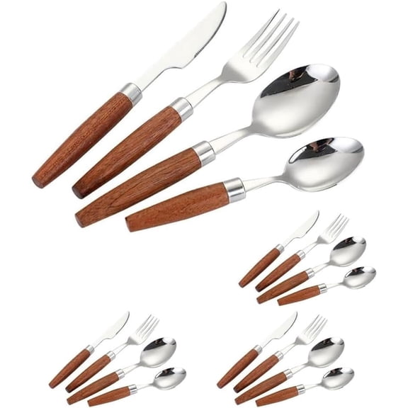 ABCISI Flatware Set, Silver Stainless Steel Silverware with Wooden Handles, Service for 4 with Dinner Spoons, Dessert Spoons, Table Knives and Forks for Home Dining, Silver, 16 pieces