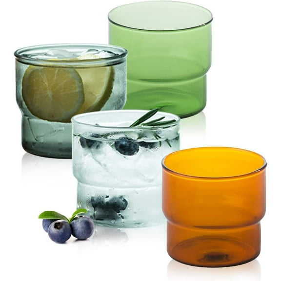 ABCISI Vintage Glassware Set of 4, Stackable Colored Drinking Glass Cups, Premium Glass Tumbler for Hot & Cold Beverages, Water, Soda, Milk, Juice (4 colors)