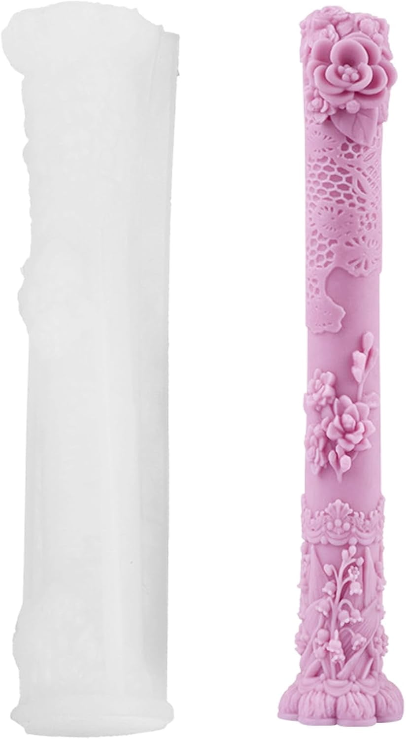 ABCISI Vintage Long Pillar Candle Mold, Intricate Floral Design, Silicone Mold for DIY Candle Making & Handmade Soap, DIY Wax Plaster Clay Craft Silicone Mold for Home Decorations Gift