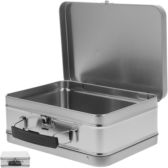 ABCISI Vintage Tinplate Lunch Box with Handle And Lid, Metal Food Storage Box for Lunch, Snacks, Portable Retro Metal Tin Container for Craft And Daily Use, Silver, 8x6x3inch