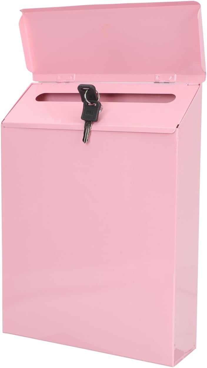 ABCISI Wall-Mounted Mailbox with Lock, Anti-Theft Drop Box  for Letters Envelopes Newspapers, Multi-Function Suggestion Box, Large Capacity Sturdy Mail Box for Home & Office, 9.1” x 2.4” x 11.8”,Pink