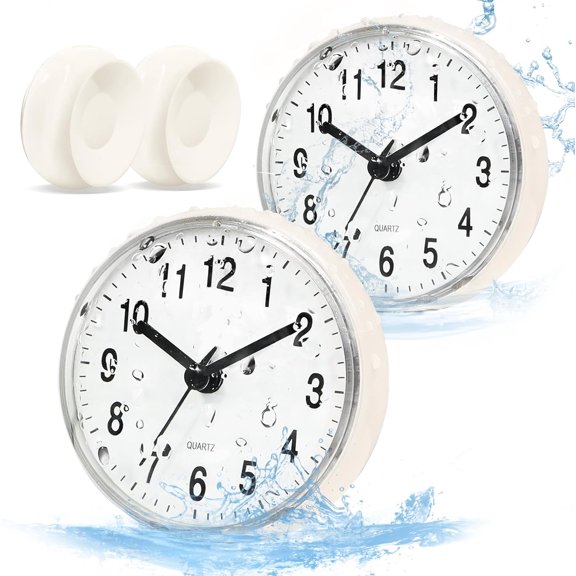 ABCISI Waterproof Bathroom Shower Clock with Large Suction Cup - Silent, Water Proof, Battery Operated Wall Clock for Toilet, Kitchen, Bedroom (White, 2PC)