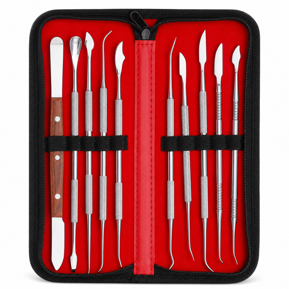 ABCISI Wax Carving Tools - 10PCS Stainless Steel Wax Carvers Set, Sculpture Chisel Tools Double-Ended Pottery and Polymer Clay Tools with Portable Storage Bag
