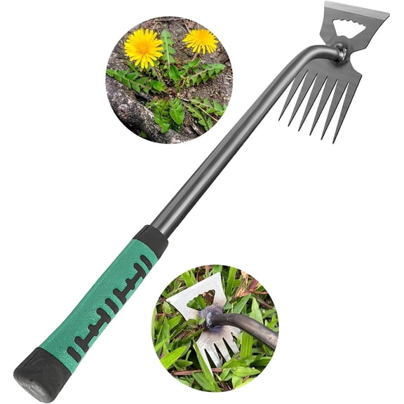 ABCISI Weed Puller Tool, Garden Weed Pulling Tool, Manganese Steel Hand Weeder Tool with Handle, Dandelion 6 Tines Weed Removal Tool