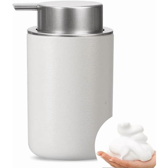 ABCISI White Foaming Hand Soap Dispenser with Silver Pump, Ceramic Foam Soap Dispenser for Bathroom, Refillable 12 Oz for Sanitizer, Shower Gel, Hand Wash