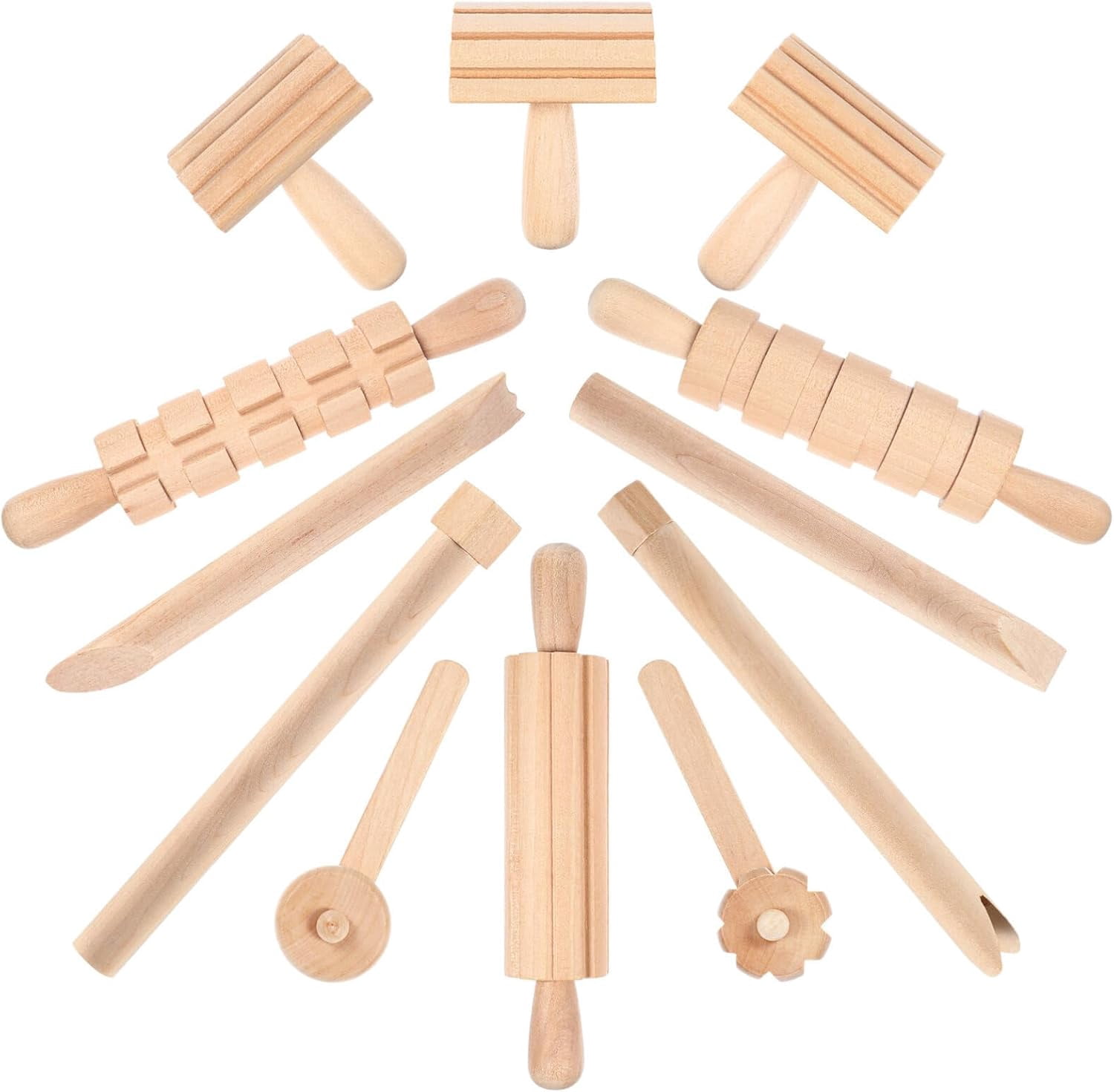 ABCISI Wooden Clay Tools, Kids Wood Stamps Hand Rollers Plasticine Molding Tools Set, Pottery Molding Clay Sculpting Accessories for Art DIY Crafts Activities, 12pcs