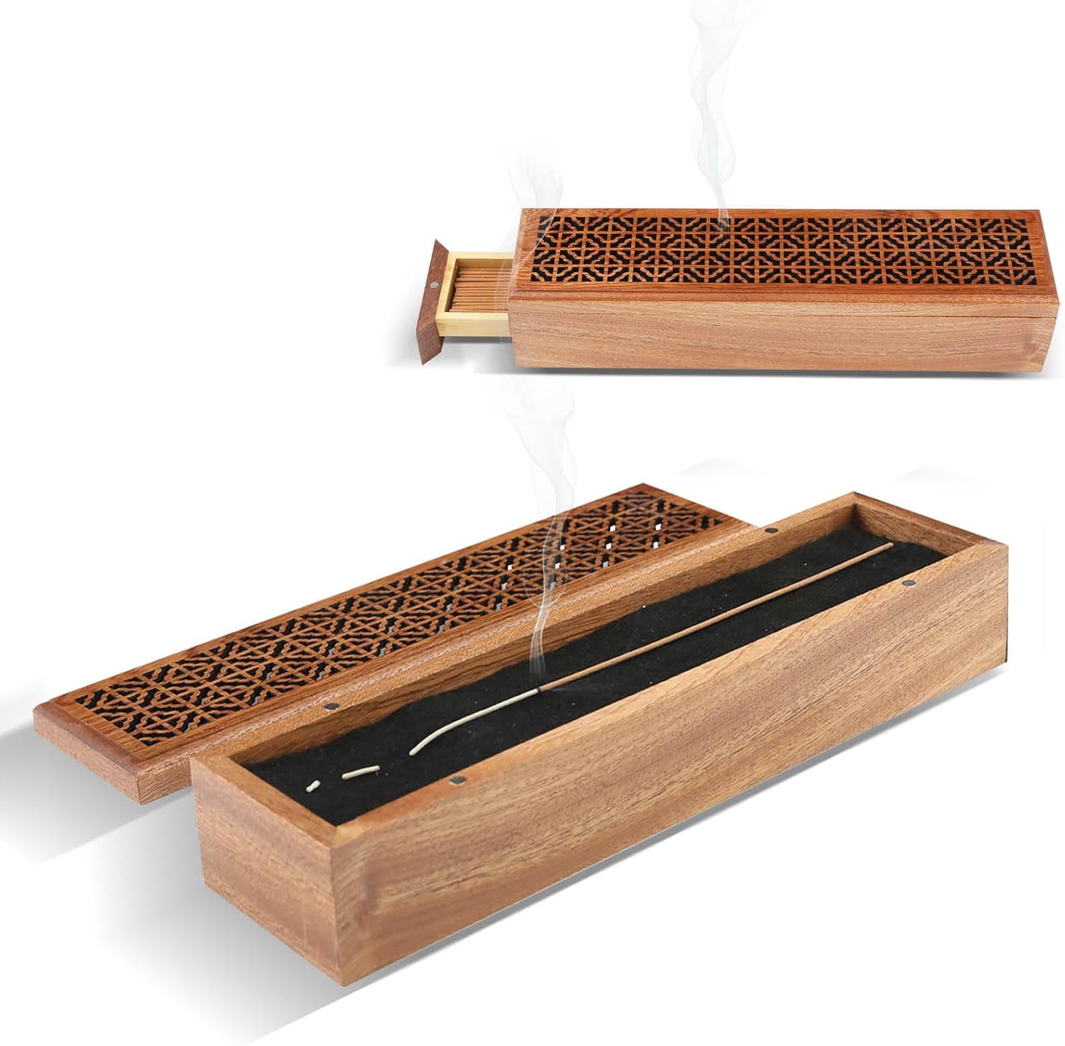 ABCISI Wooden Incense Holder with Storage Box, 10.6 Inch Incense Burner and Ash Catcher, 2-in-1 Incense Stick Holder for Meditation, Yoga and Spa, Wood Aromatherapy Decor for Home Office