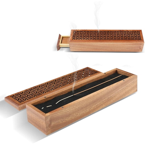 ABCISI Wooden Incense Holder with Storage Box, 10.6 Inch Incense Burner and Ash Catcher, 2-in-1 Incense Stick Holder for Meditation, Yoga and Spa, Wood Aromatherapy Decor for Home Office