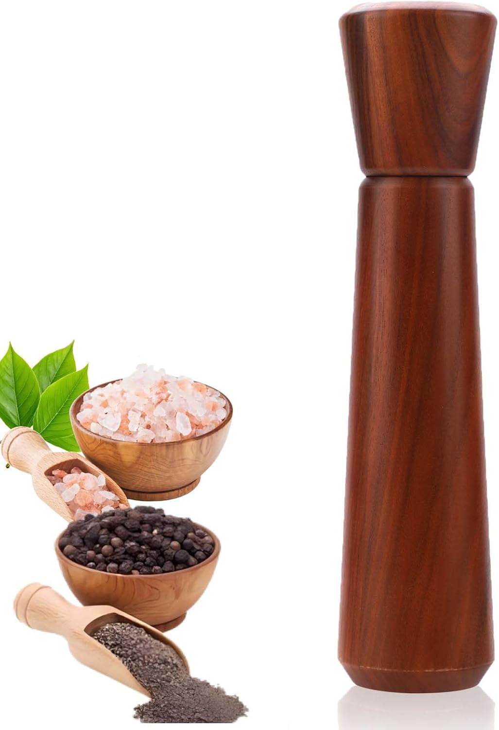 ABCISI Wooden Pepper Grinder,10In Wood Pepper Mill, Refillable Salt Grinder, Pepper Grinder Manual with Adjustable Ceramic Rotor, Easy Refill, Salt and Pepper Shakers with Coarseness Control 1-Pack