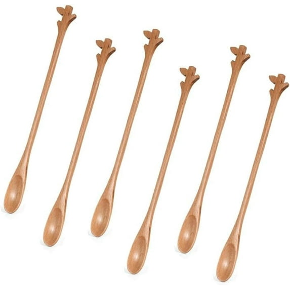 ABCISI Wooden Tea Spoons Coffee Spoon, Wooden Animal and Plant Shaped, 6 Pack Long Handle Coffee Mixing Honey Spoons for Kitchen Stirring Coffee Beverages Dessert (Leaf Design)