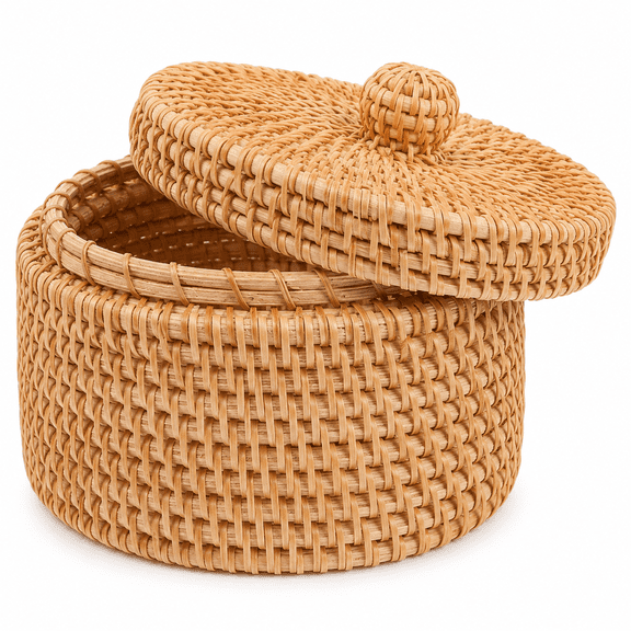 ABCISI Woven Basket with Lid, Small Round Rattan Storage Basket, 5.90 x 3.14 Inch Mini Organizer Box for Snacks, Tea Bags, Fruit, Keys and Desktop Storage, Light Brown