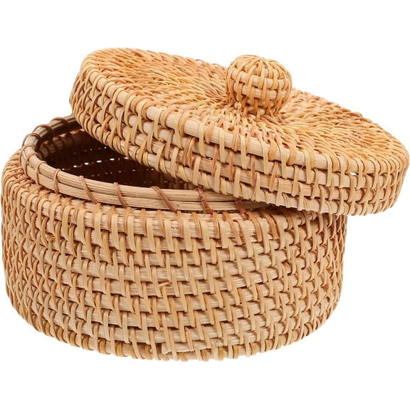 ABCISI Woven Basket with Lid, Small Wicker Basket, Mini Rattan Storage Basket, Round Handle Woven Boxes Organizer Bin Pot Container for Snacks Gobang Chess Egg Fruit Tea Bag Light Brown