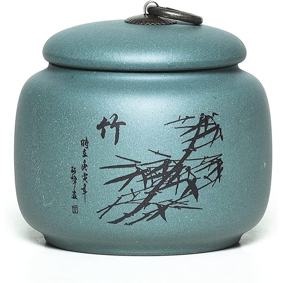 ABCISI Yixing Clay Jar 17.5 Oz, Zisha Loose Tea Storage Canister Pot to Prevent Moisture and Gather Aroma, Keep Bulk Tea Tidy and Fresh -Green, Bamboo