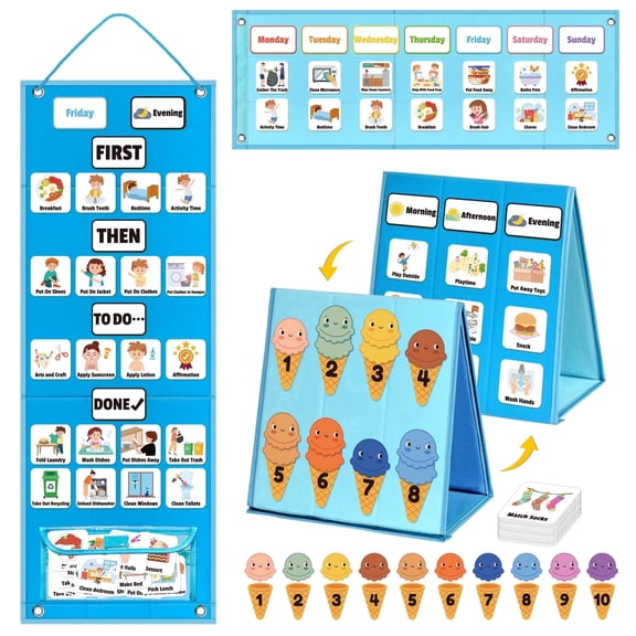 ABCKEY Large Visual Schedule for Kids Chore Reward Chart,Bedtime Routine Chart for Toddlers,Double Side Weekly Planner Board for Home School Planner blue