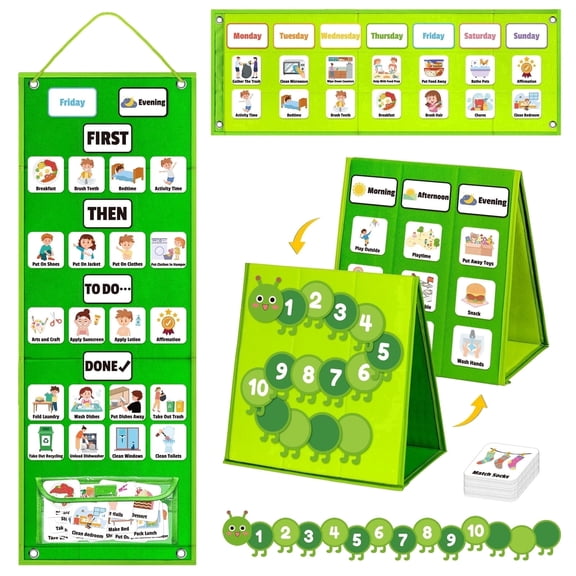 ABCKEY Large Visual Schedule for Kids Chore Reward Chart,Bedtime Routine Chart for Toddlers,Double Side Weekly Planner Board for Home School Planner green