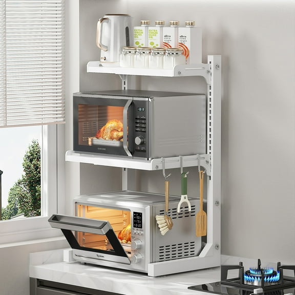 ABCOOL Retractable Adjustable 2 Axial Snap-in Kitchen Baker Microwave Oven Rack, 2 Tier Expandable and Height Adjustable Carbon Steel Shelf Counter Countertop with 3 Clip Hooks, Electric Oven Holder