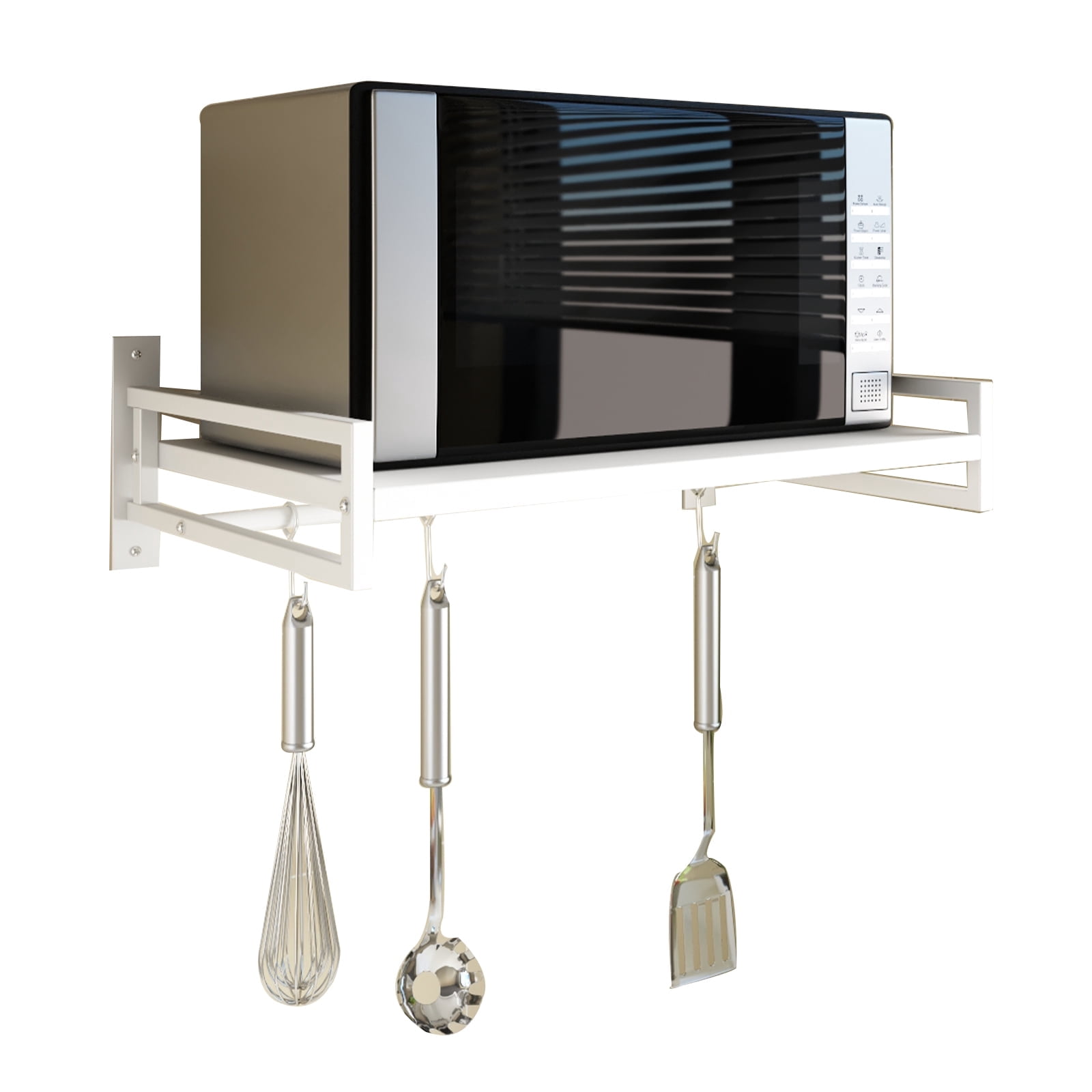 ABCOOL Wall Mount Microwave Oven Shelf Rack White Carbon Steel with Hook Rail and 3 Slidable Hooks