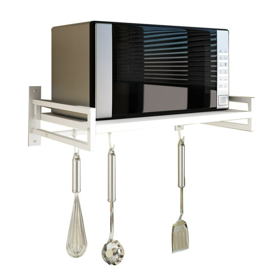 ABCOOL Wall Mount Microwave Oven Shelf Rack White Carbon Steel with Hook Rail and 3 Slidable Hooks